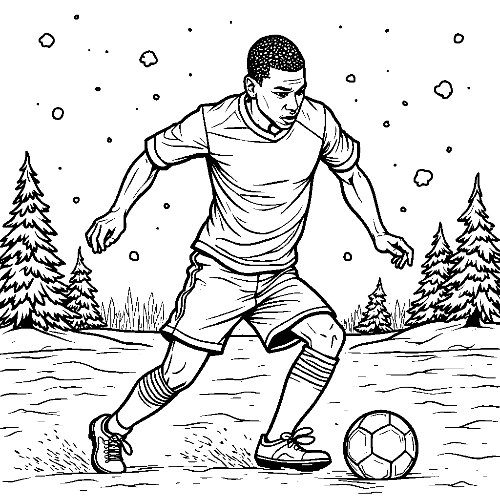 A winter wonderland scene where Mbappe is playing soccer in the snow