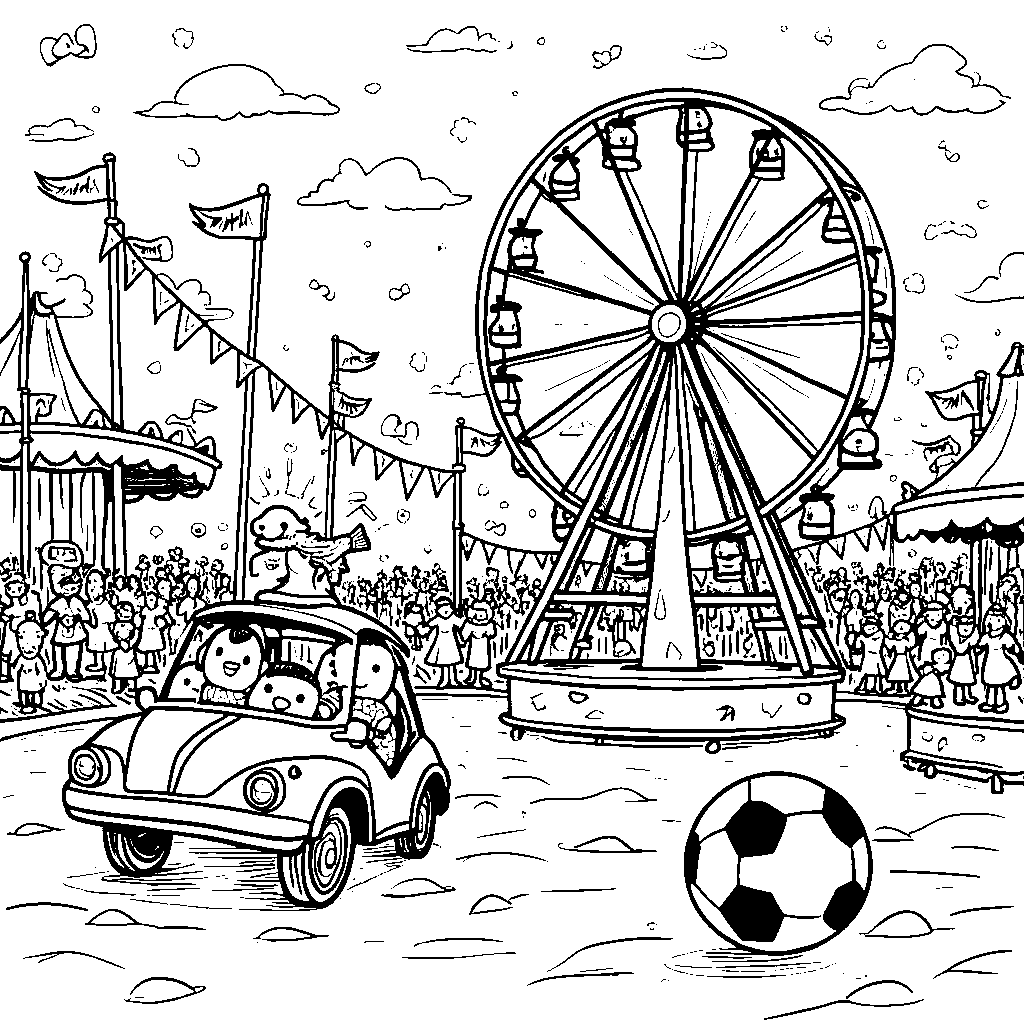 A carnival scene where kids take soccer-themed rides with Kylian