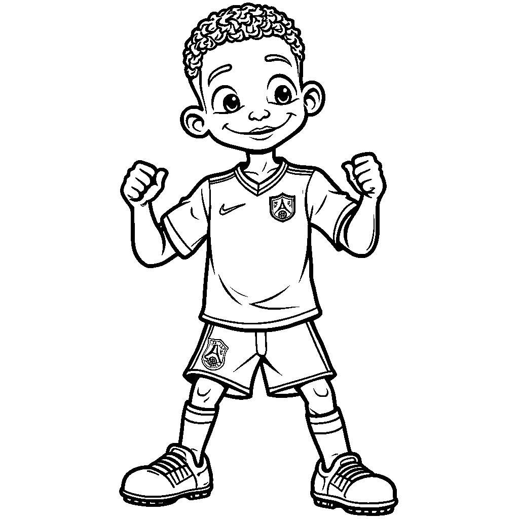 A cartoon version of Mbappe posing with his soccer jersey