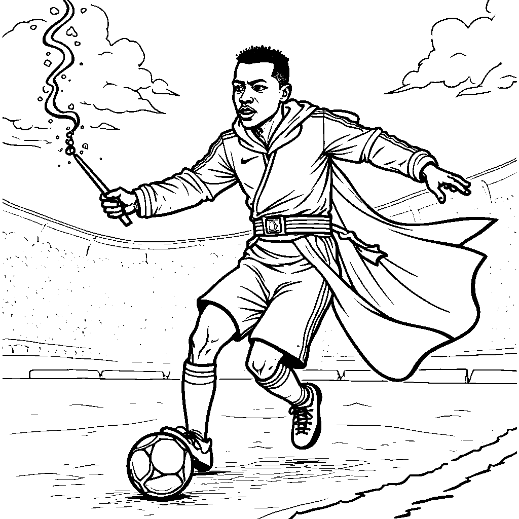 Kylian Mbappe as a wizard, using magic to dribble a soccer ball