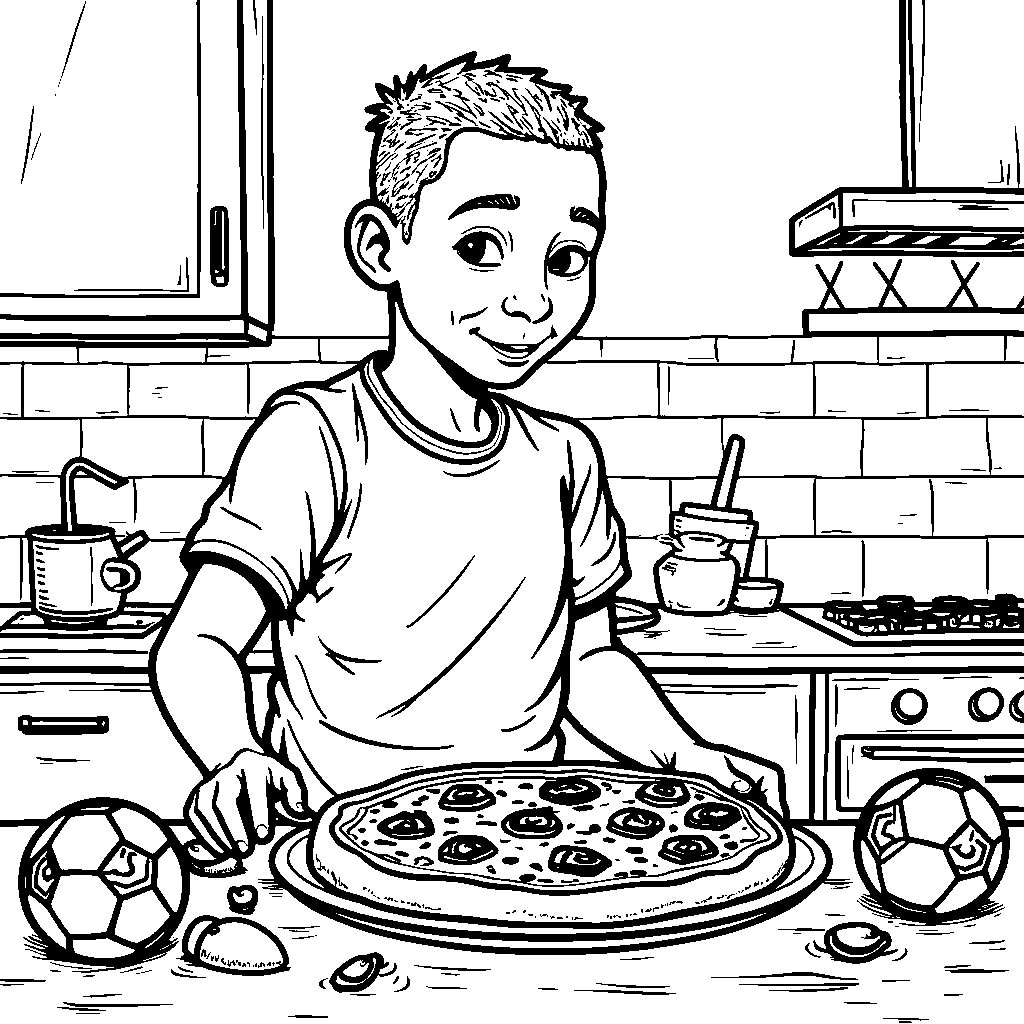 Kylian Mbappe cooking a delicious pizza with soccer-themed toppings