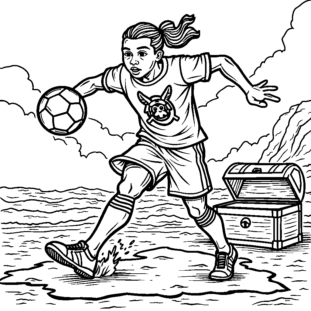 Kylian Mbappe dressed as a pirate, scoring a goal on a treasure map