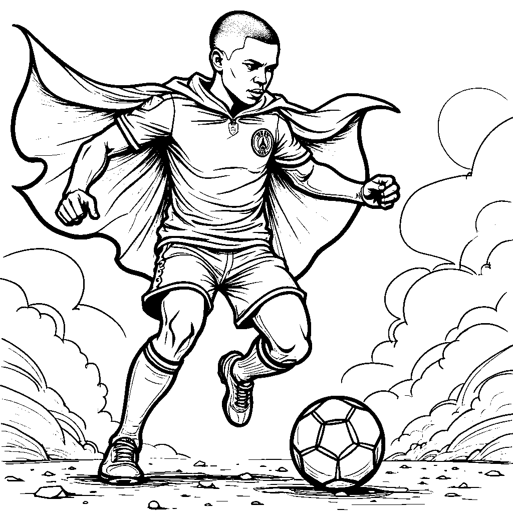 Kylian Mbappe in a superhero cape saving a soccer ball from going out