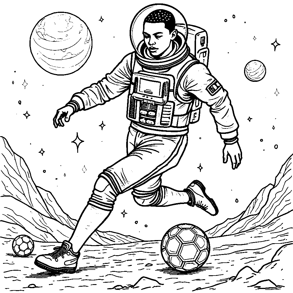 Kylian Mbappe in an astronaut suit playing soccer in outer space