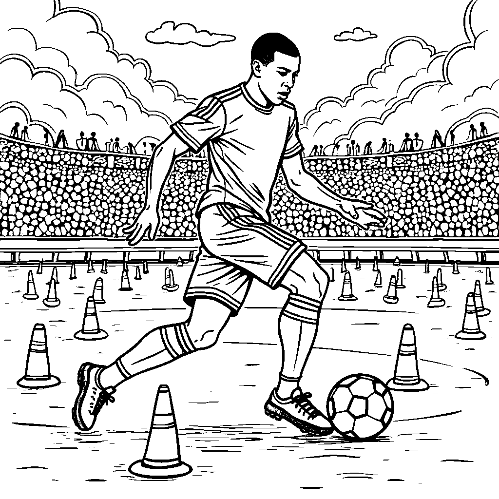 Kylian Mbappe navigating through a maze of soccer cones