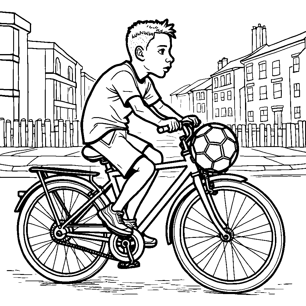 Kylian Mbappe on a bicycle with a soccer ball in his basket