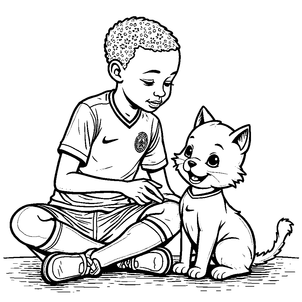 Kylian Mbappe petting a friendly cat wearing a mini soccer jersey