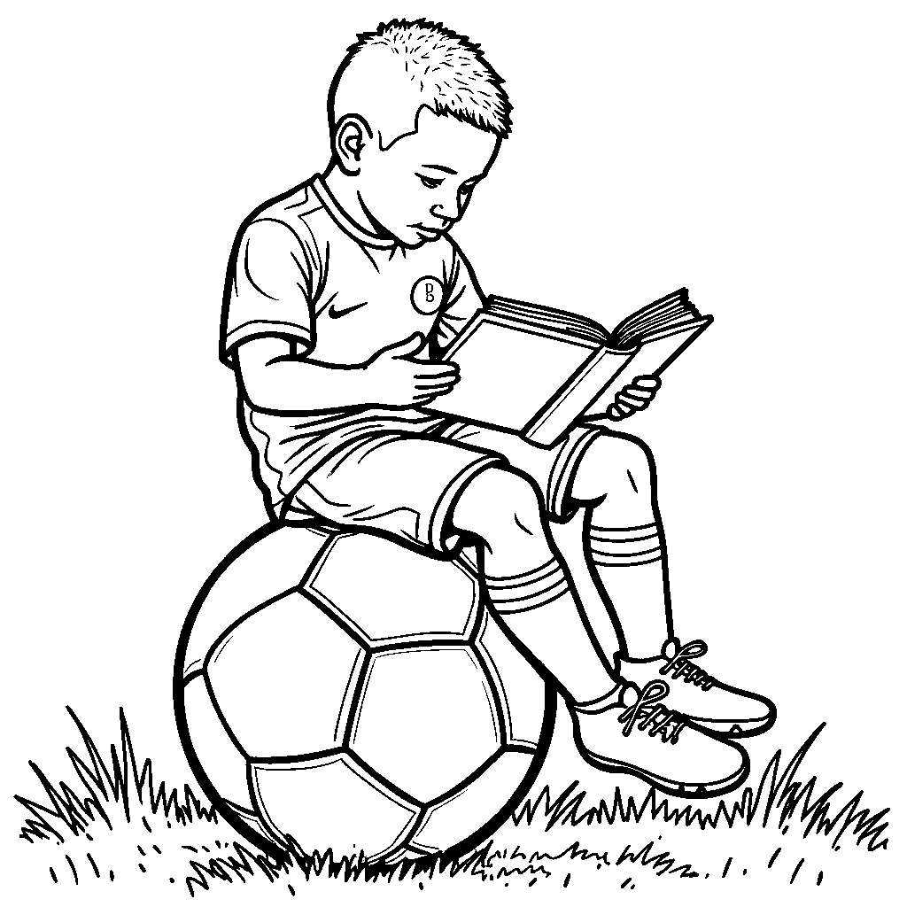 Kylian Mbappe sitting on a giant soccer ball reading a book