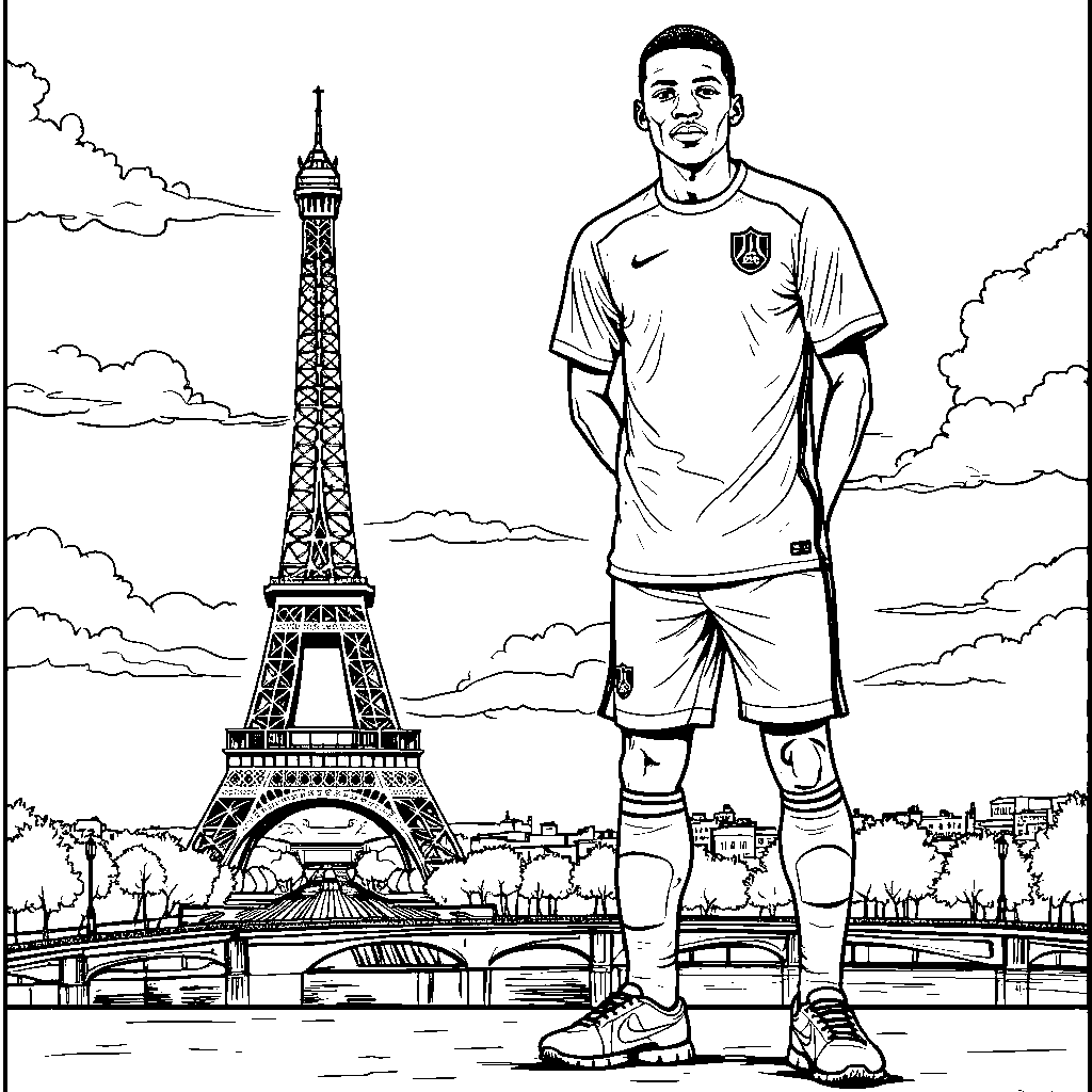 Kylian Mbappe standing next to the Eiffel Tower wearing a soccer uniform