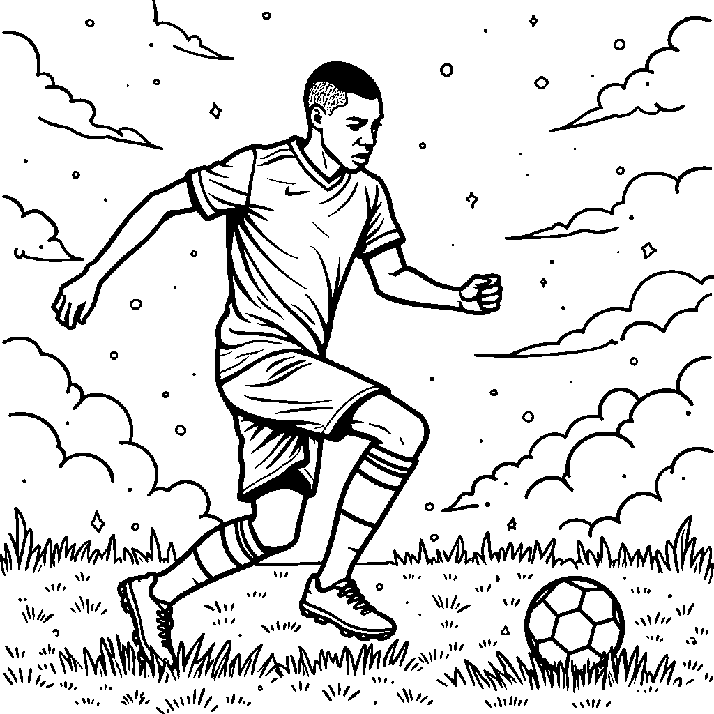 Kylian Mbappe surrounded by clouds and stars, dreaming of soccer