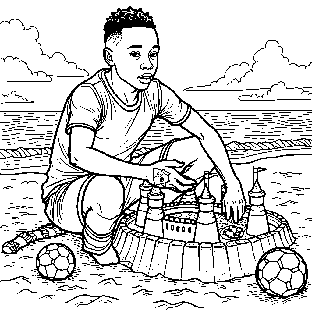 Mbappe building sandcastles with a soccer theme on the beach