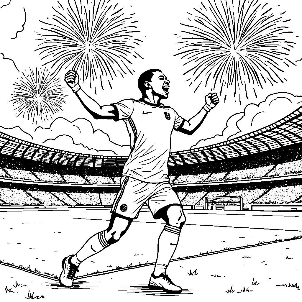 Mbappe celebrating a goal with fireworks in the background