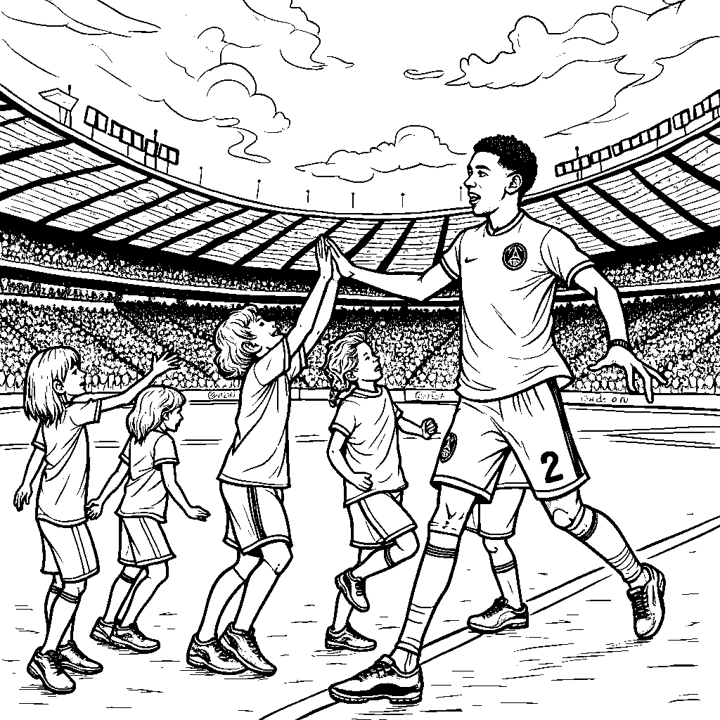 Mbappe high-fiving young fans in a colorful stadium