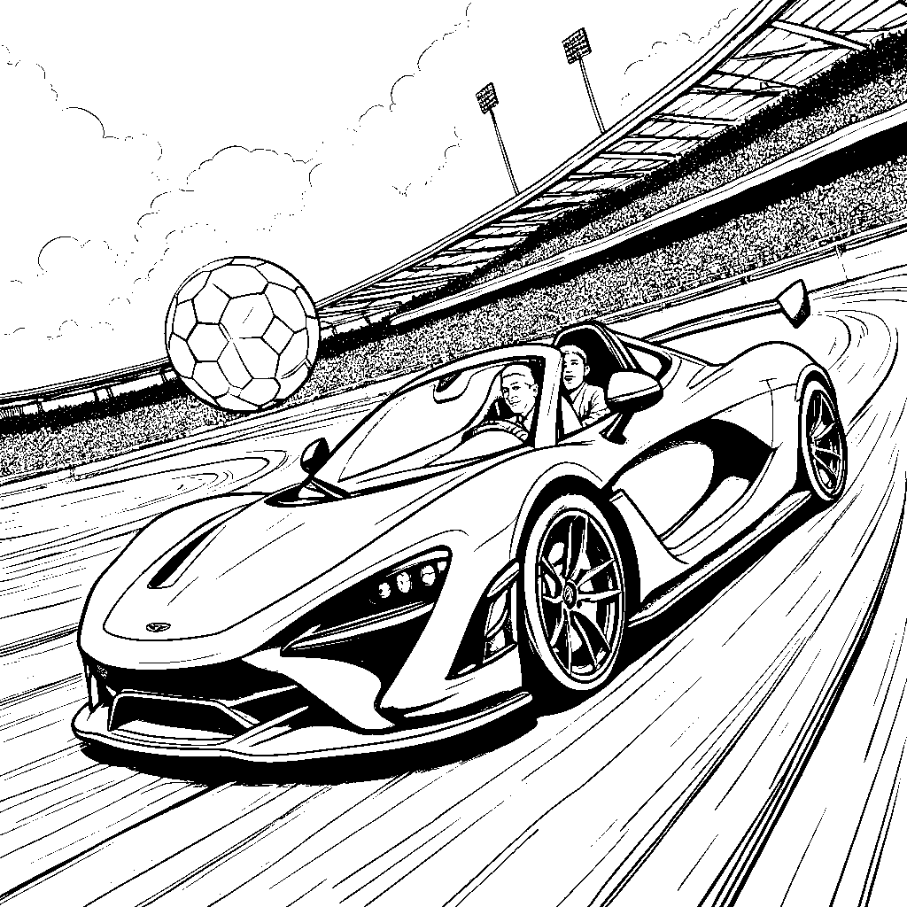 Mbappe in a sports car with a giant soccer ball at a racetrack