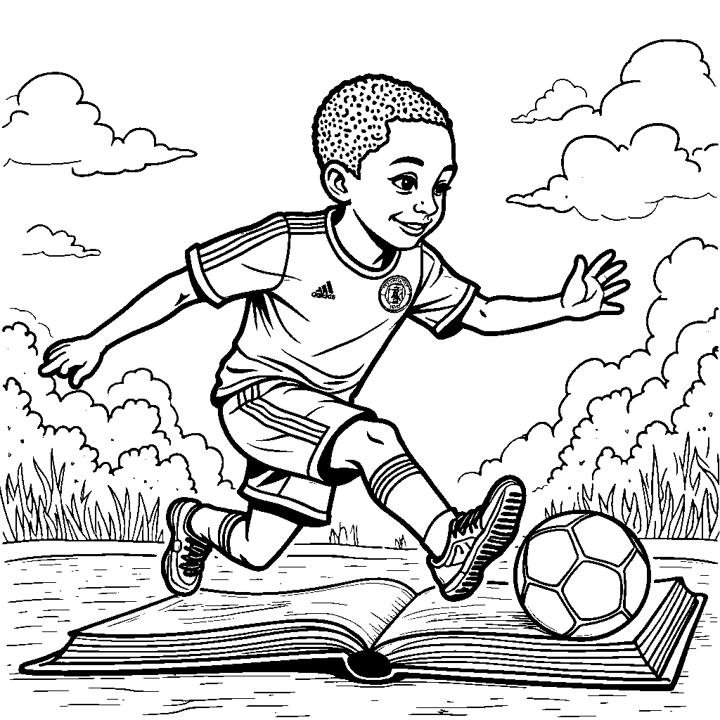 Mbappe skimming through a giant soccer book filled with techniques