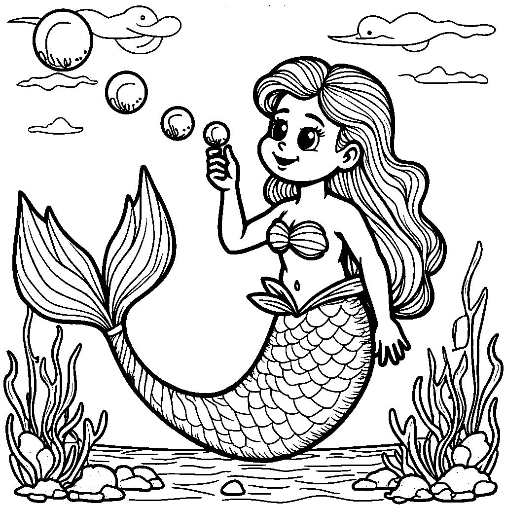 A mermaid blowing bubbles that turn into fish