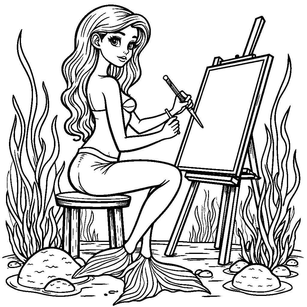 A mermaid creating a work of art with colorful seaweed