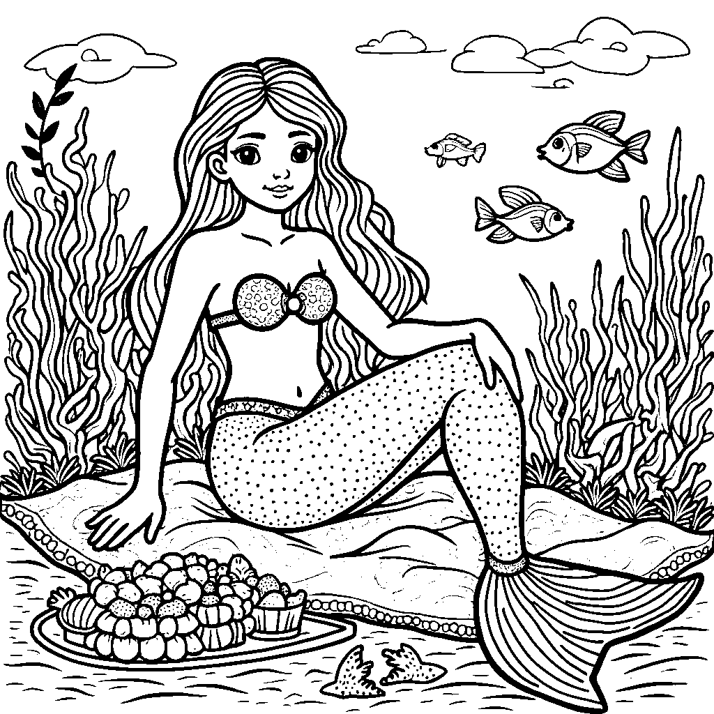 A mermaid having a picnic on the ocean floor