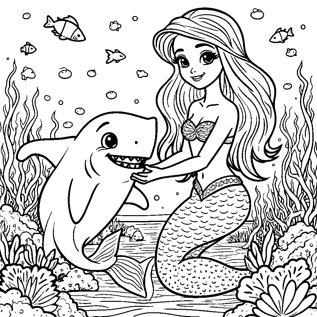 A mermaid making friends with a curious shark