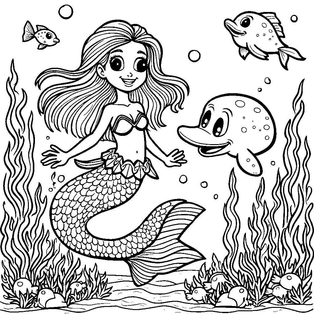 A mermaid making friends with a friendly squid