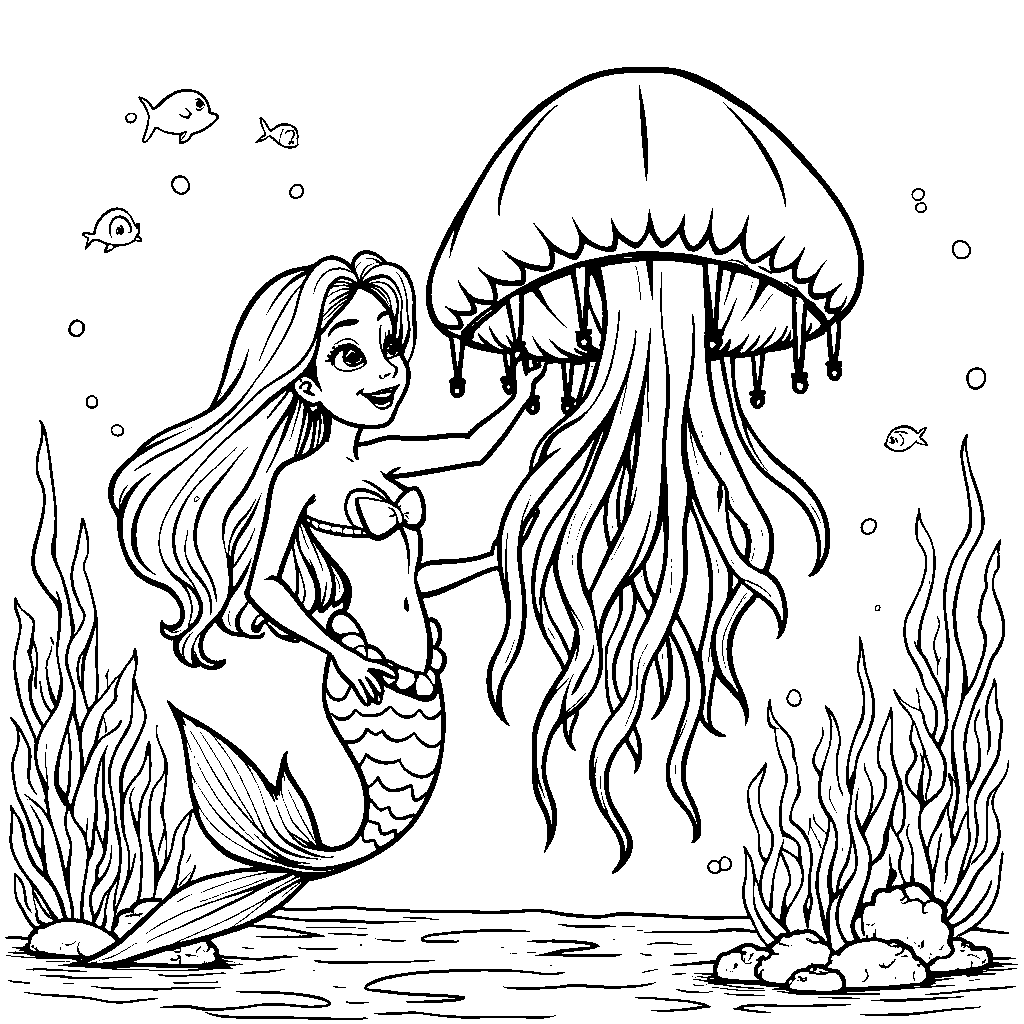 A mermaid playing with a giant jellyfish as a balloon