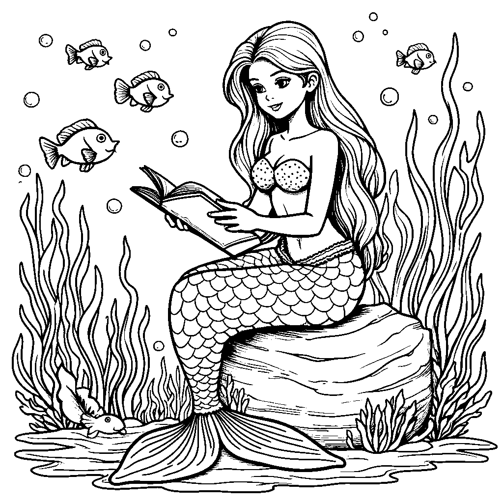 A mermaid reading a book underwater, surrounded by fish