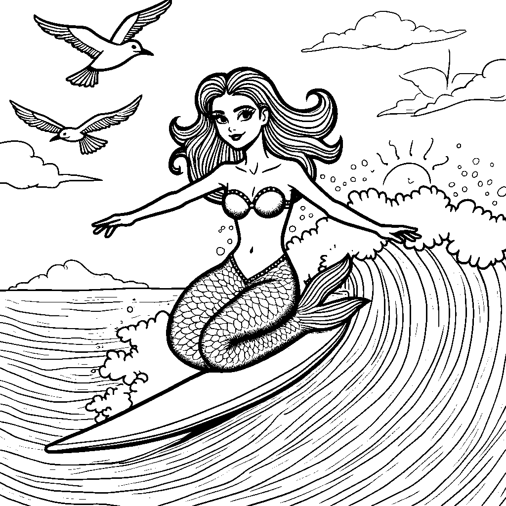 A mermaid riding a giant wave on a surfboard