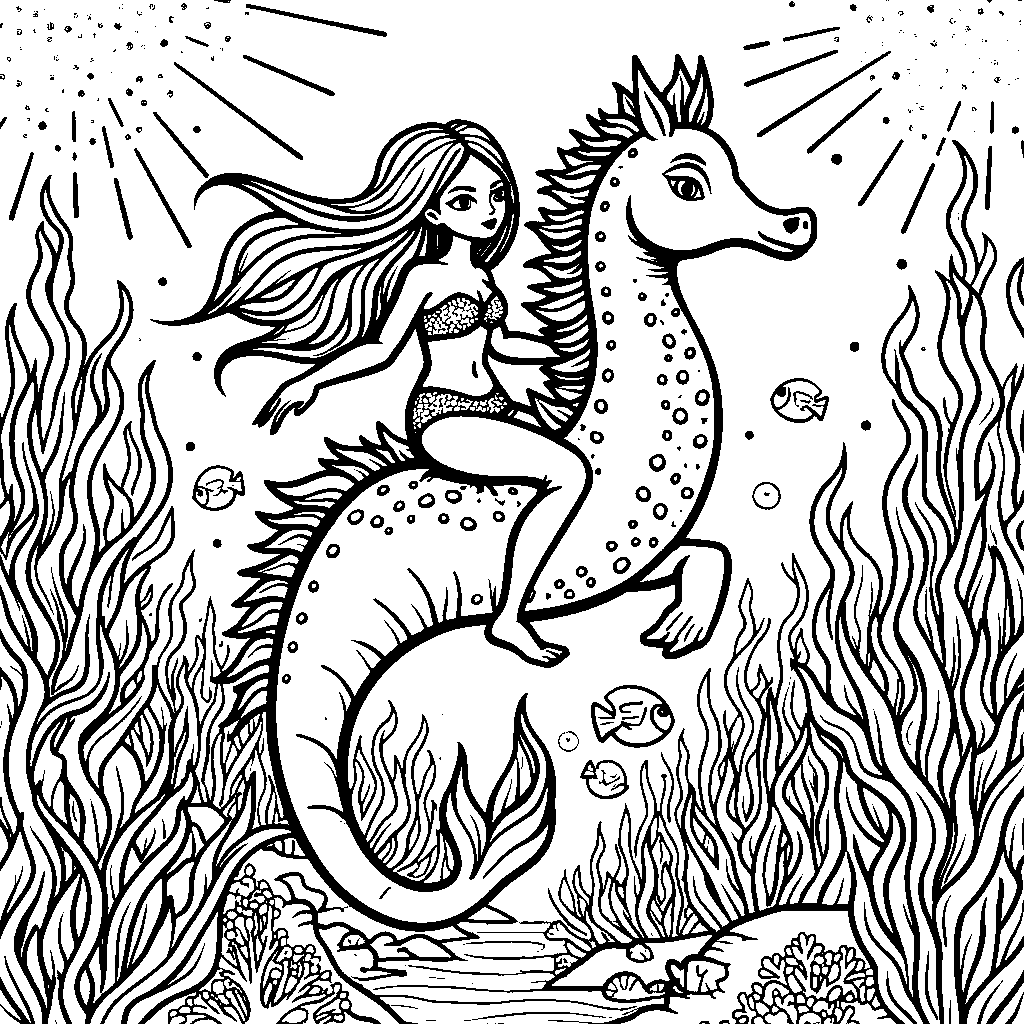 A mermaid riding a seahorse through coral reef