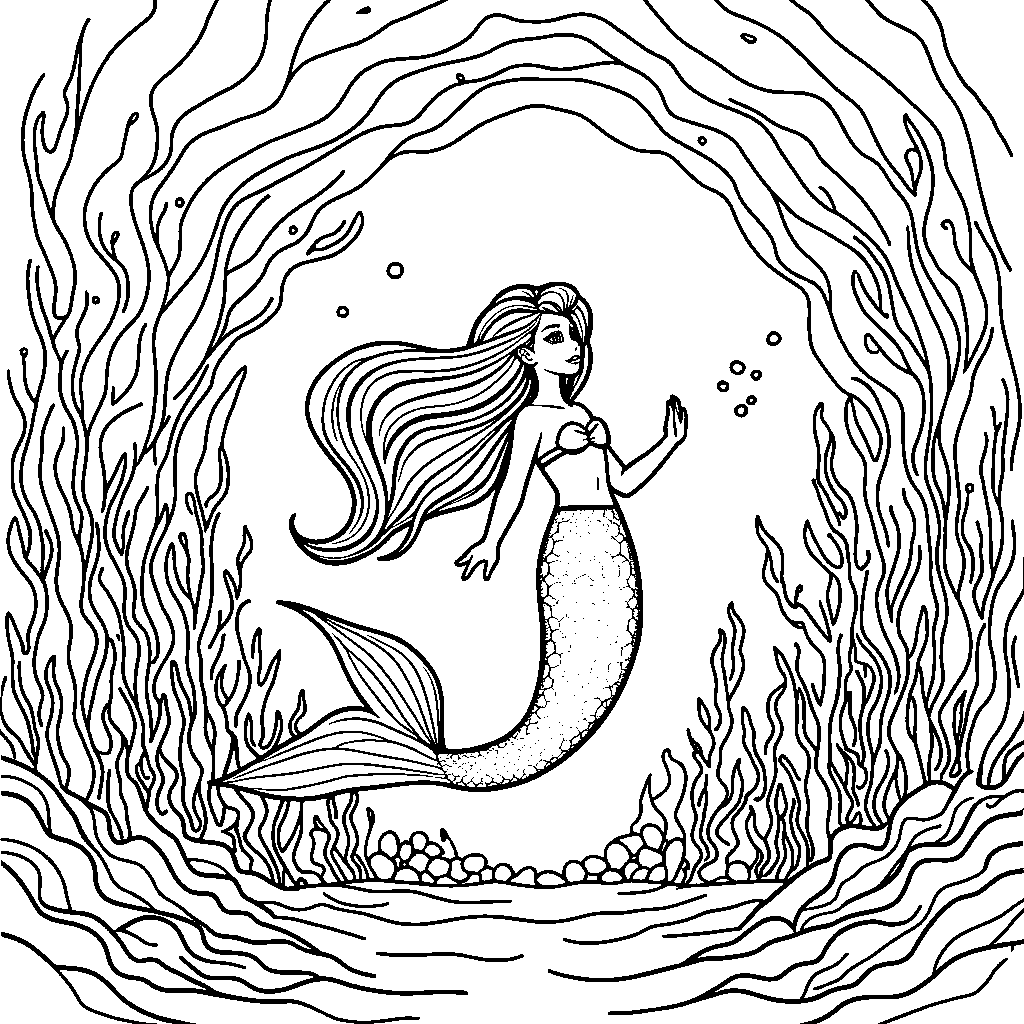 A mermaid swimming through a tunnel of coral and seaweed