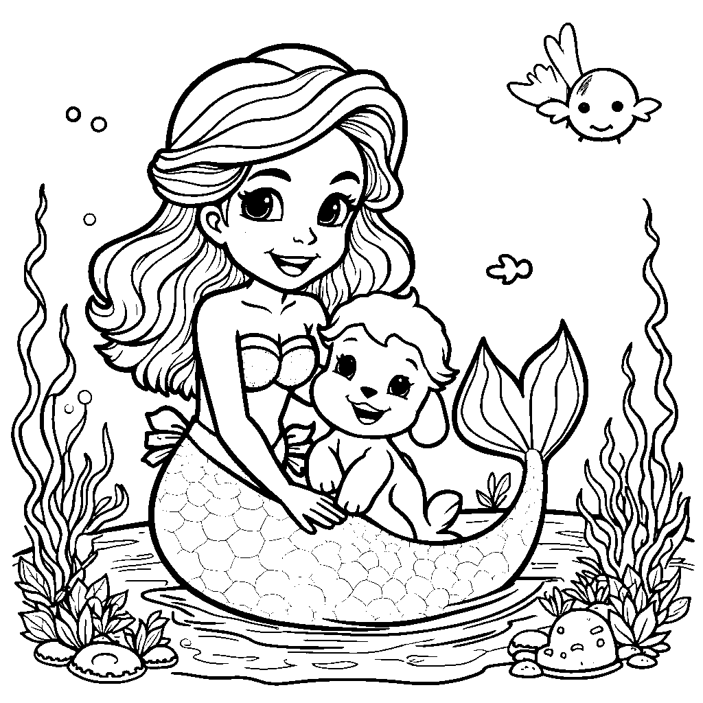 A mermaid with a mer-pup, playing in the shallow waters