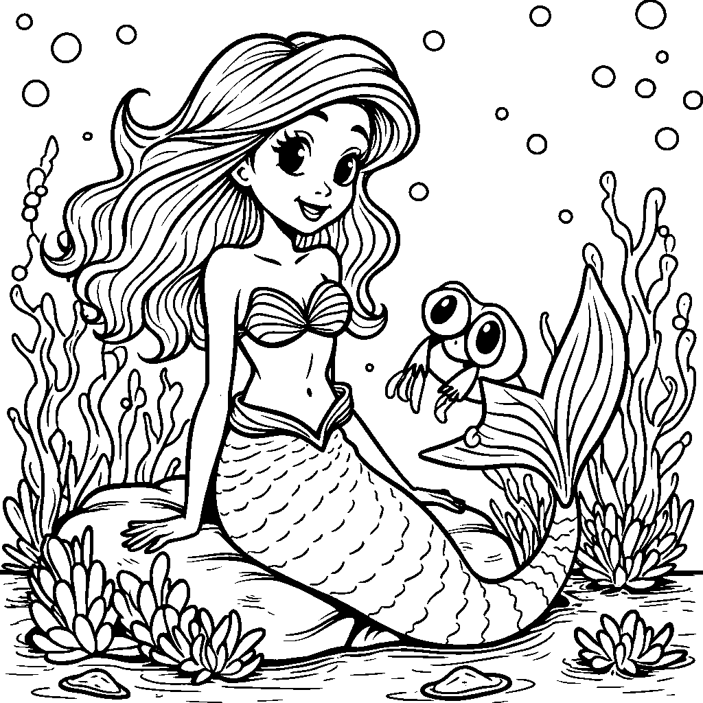 A mermaid with a pet crab, playing a game of hide and seek