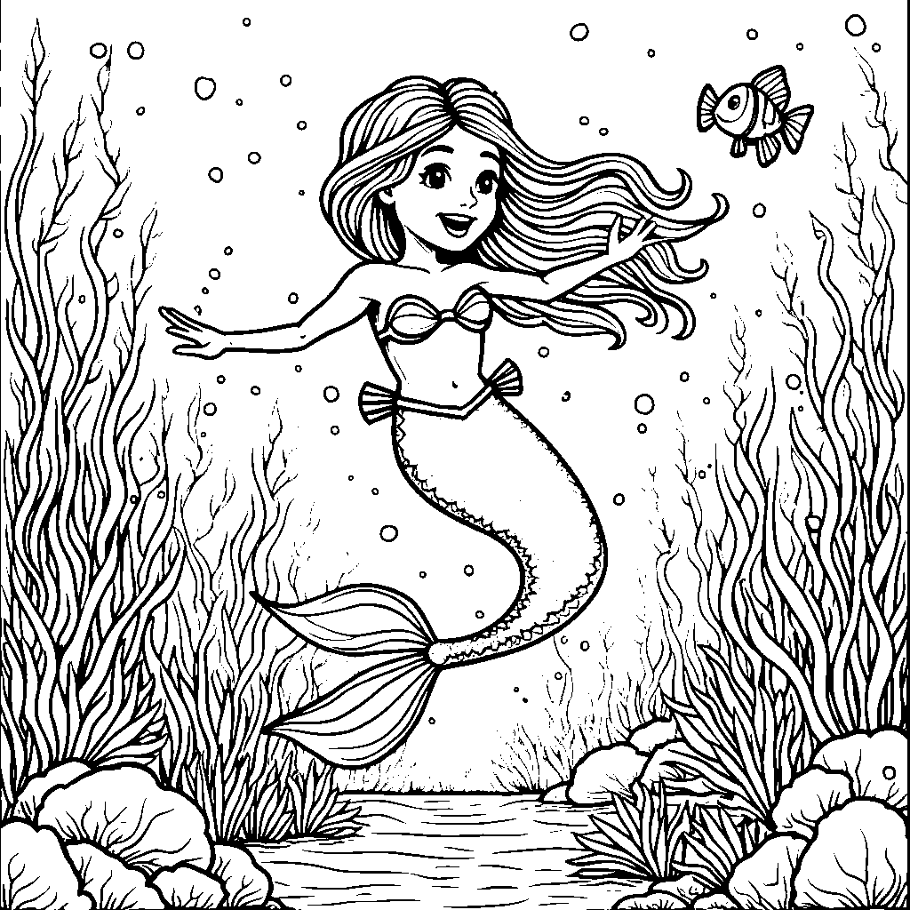 A mermaid with a pet fish, playing a game of tag