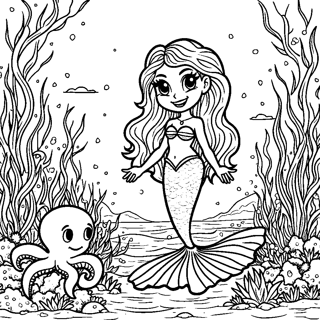 A mermaid with a pet octopus, playing hide and seek