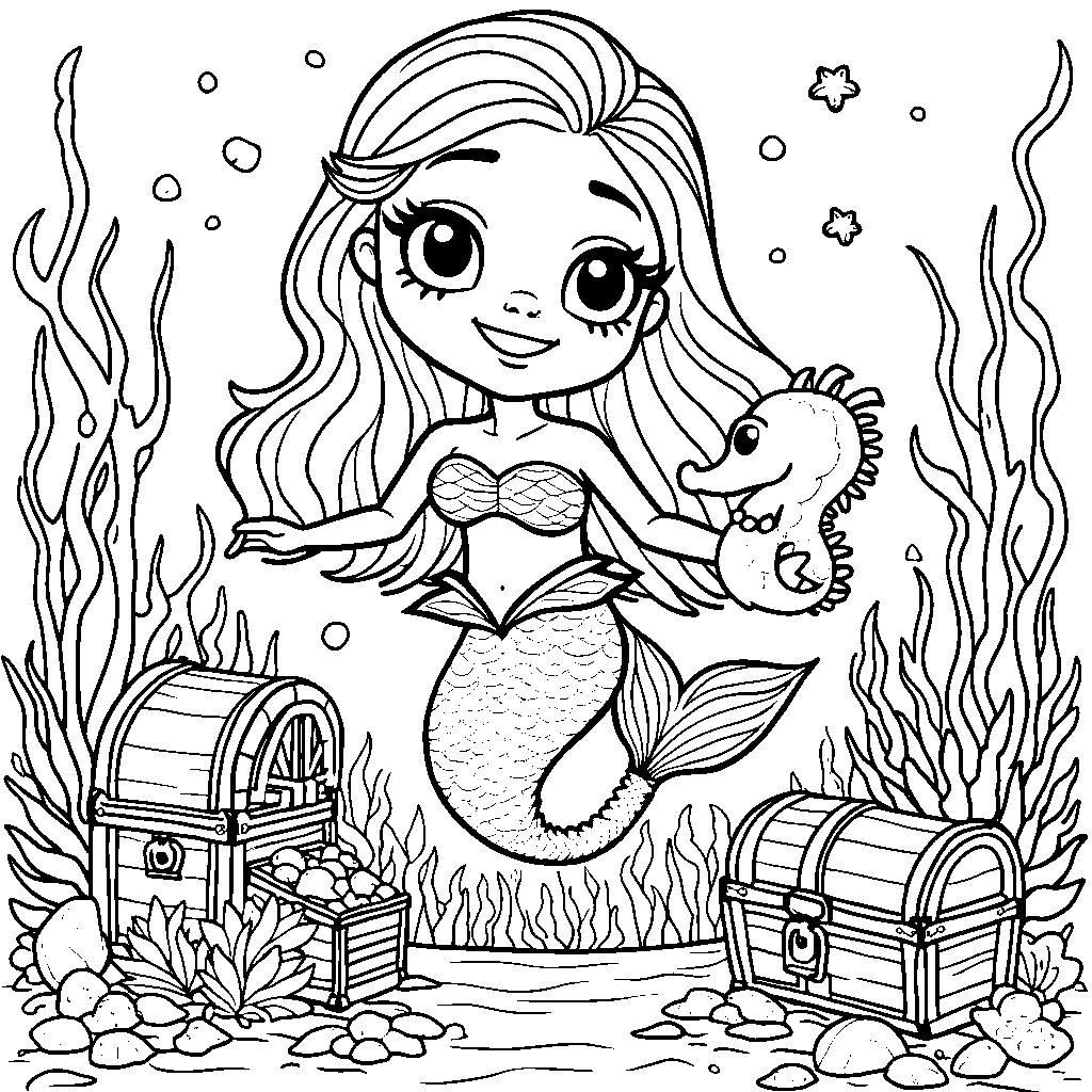 A mermaid with a pet seahorse, going on a treasure hunt