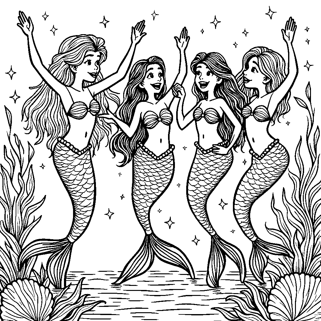 Mermaid friends having a dance party under the sea