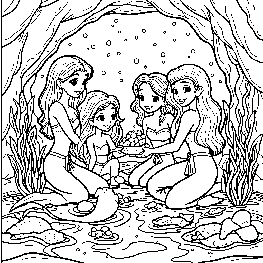 Mermaid friends having a mermaid sleepover in a hidden cave