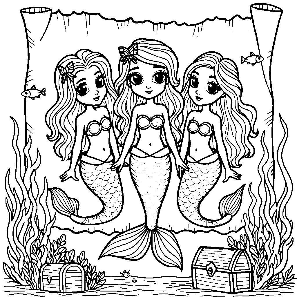 Mermaid friends having a treasure hunt in the ocean