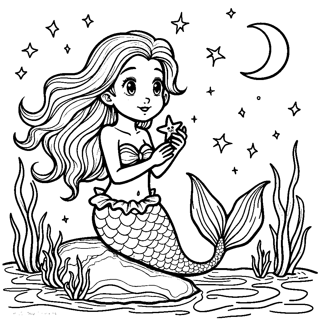 Mermaid holding a starfish, looking up at the stars