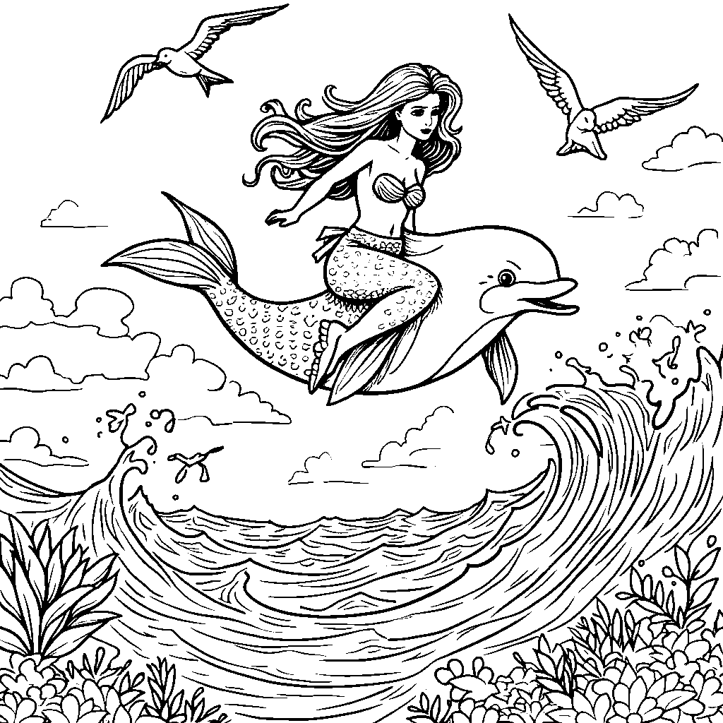 Mermaid riding a dolphin through the waves