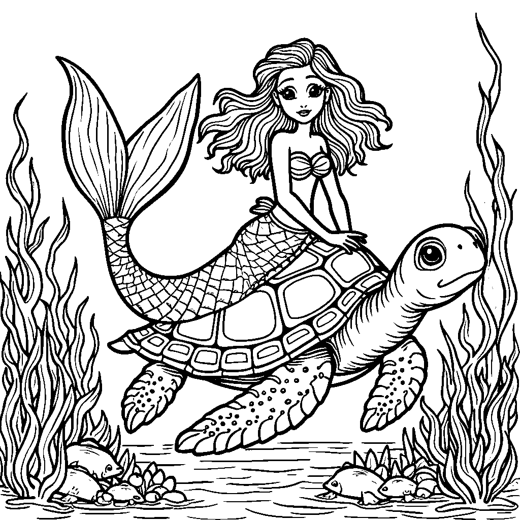 A mermaid riding a sea turtle through the kelp forest