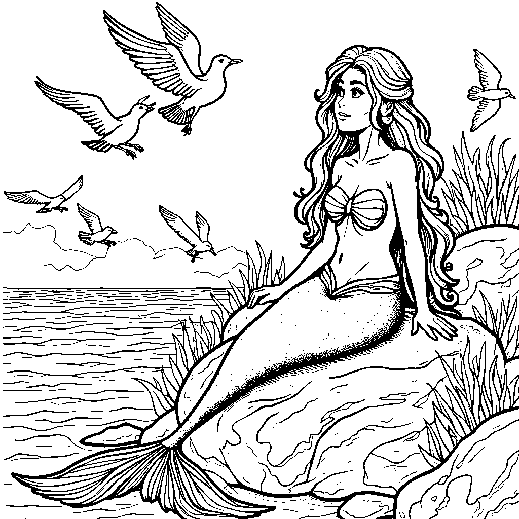 Mermaid sitting on a rock, surrounded by seagulls