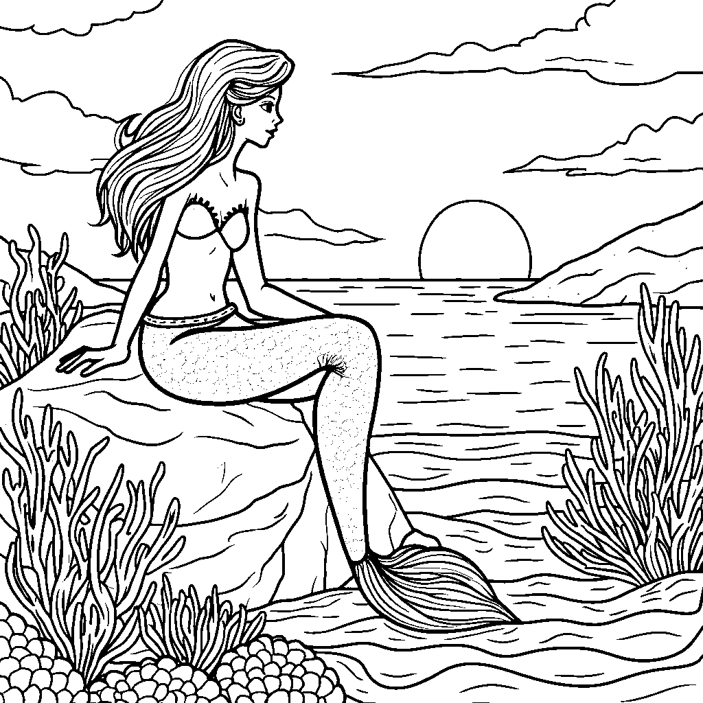 Mermaid sitting on a rock, watching the sunset over the ocean