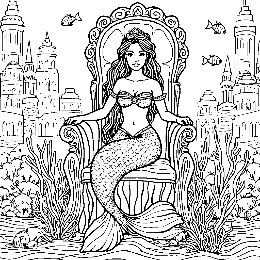 Mermaid sitting on a throne made of coral and shells