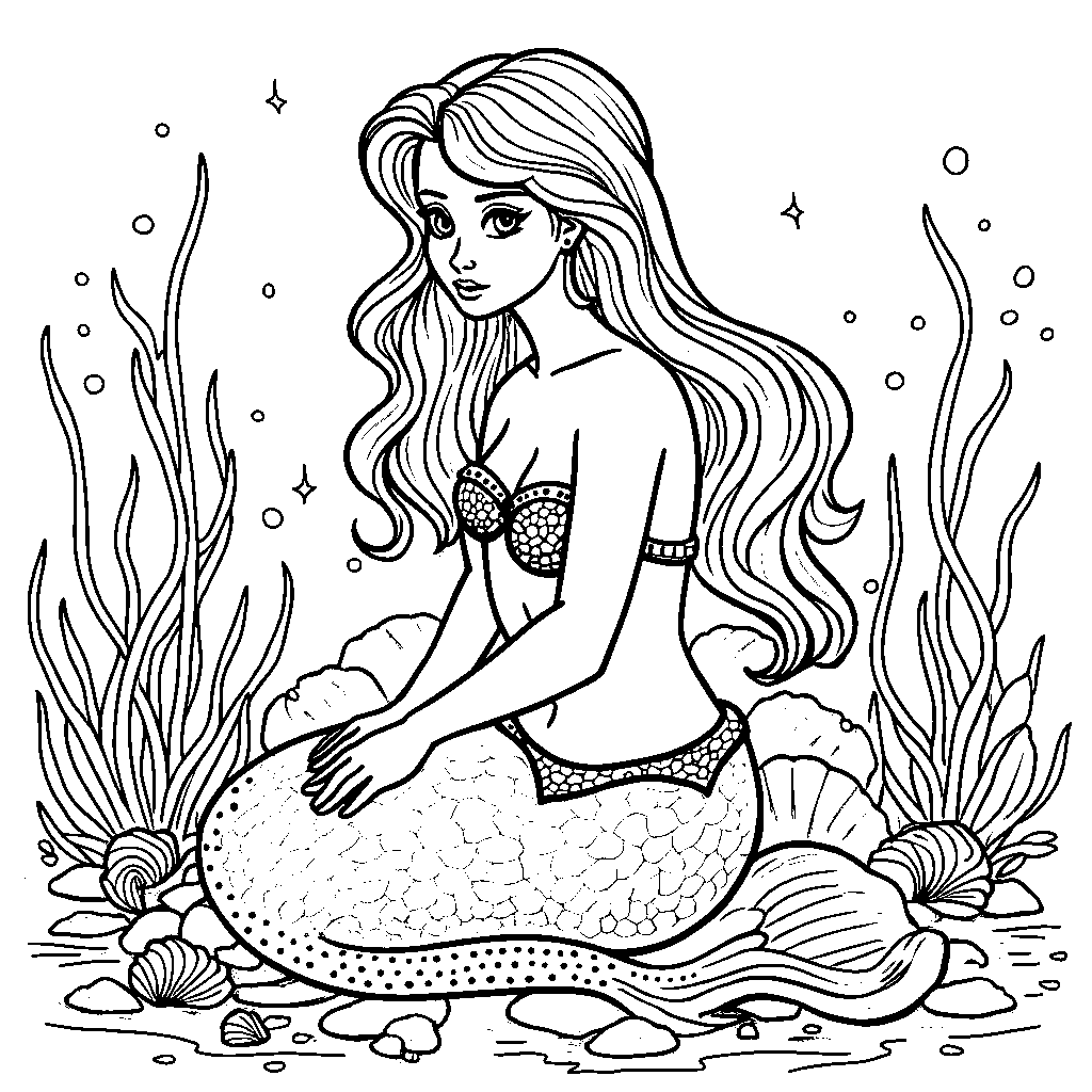 Mermaid surrounded by a collection of shiny seashells