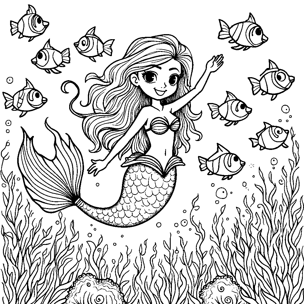 Mermaid surrounded by a school of sparkling fish