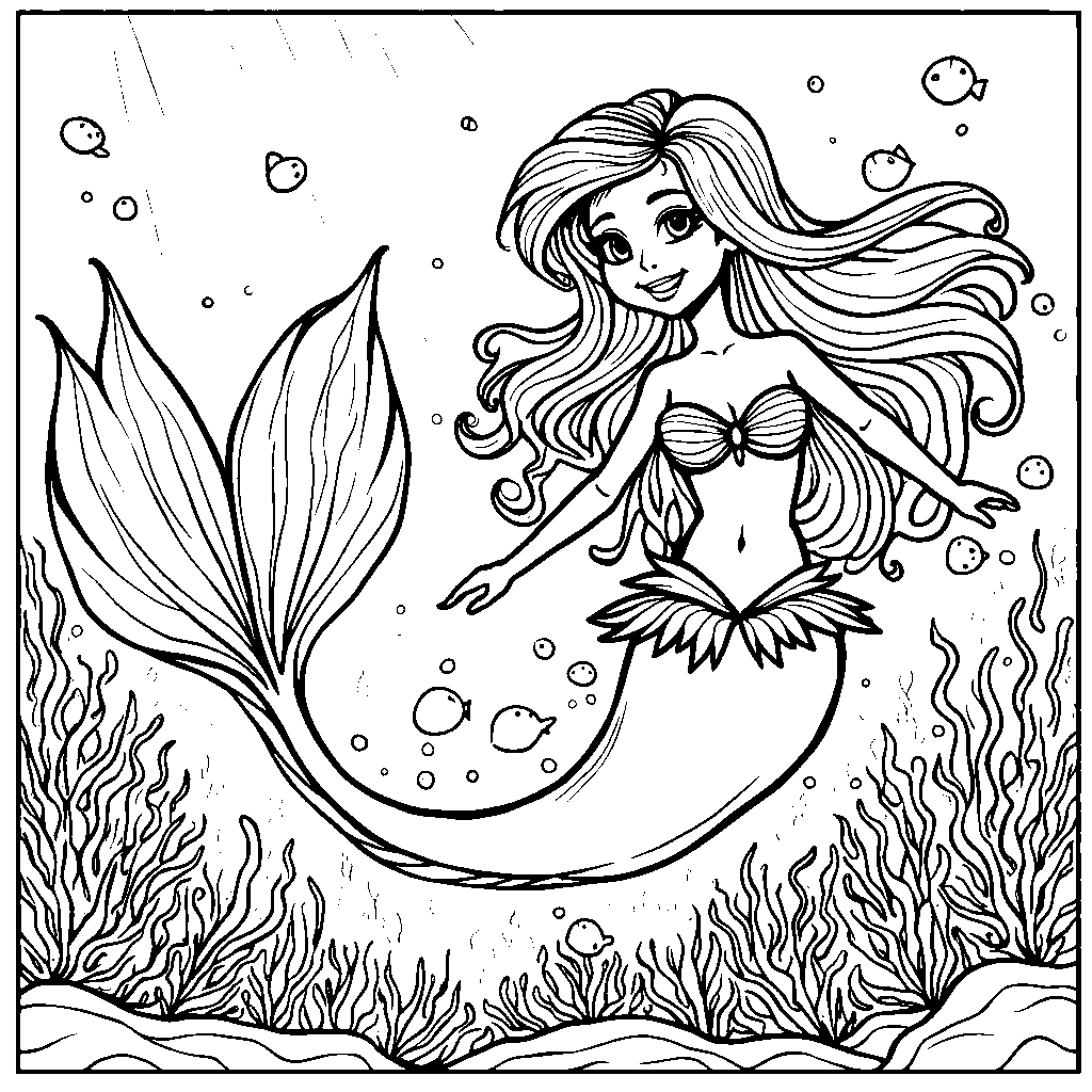 Mermaid swimming with a school of rainbow fish