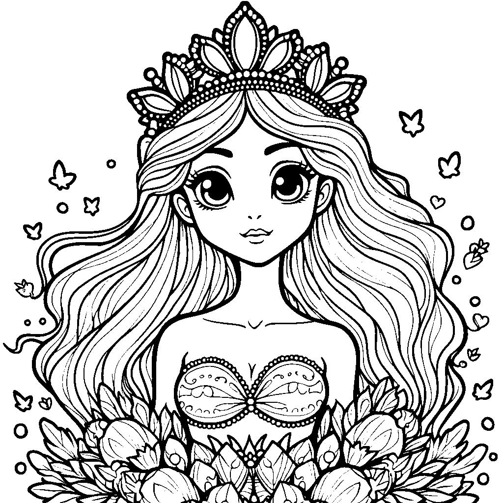 Mermaid wearing a crown made of seashells and pearls