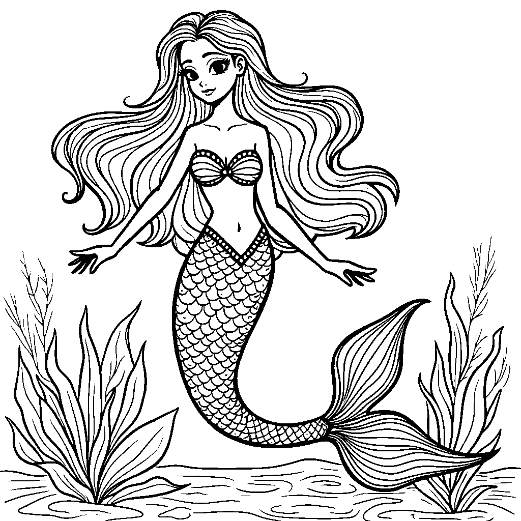 Mermaid wearing a flowing mermaid tail made of iridescent fabric