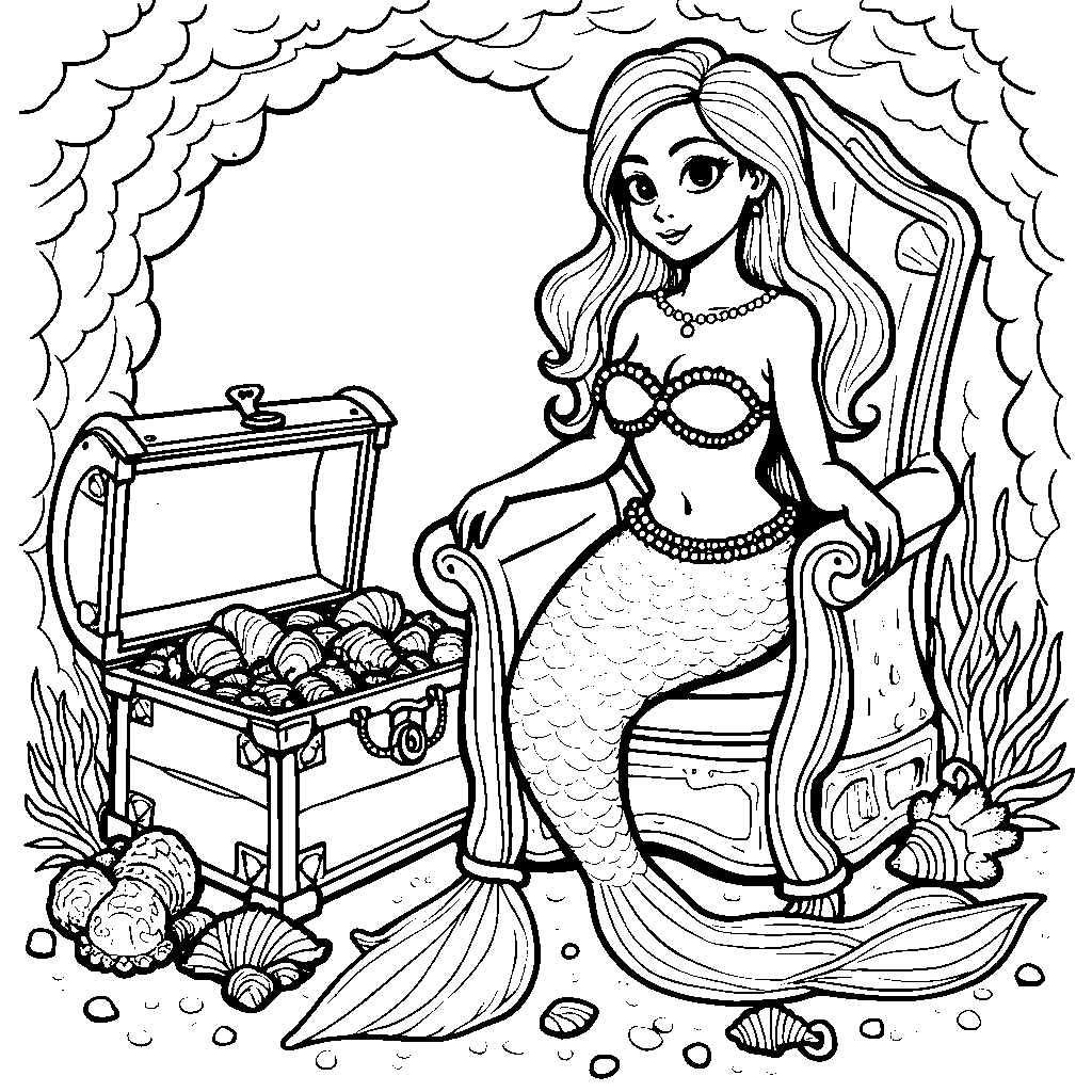 Mermaid with a treasure chest filled with seashells and pearls