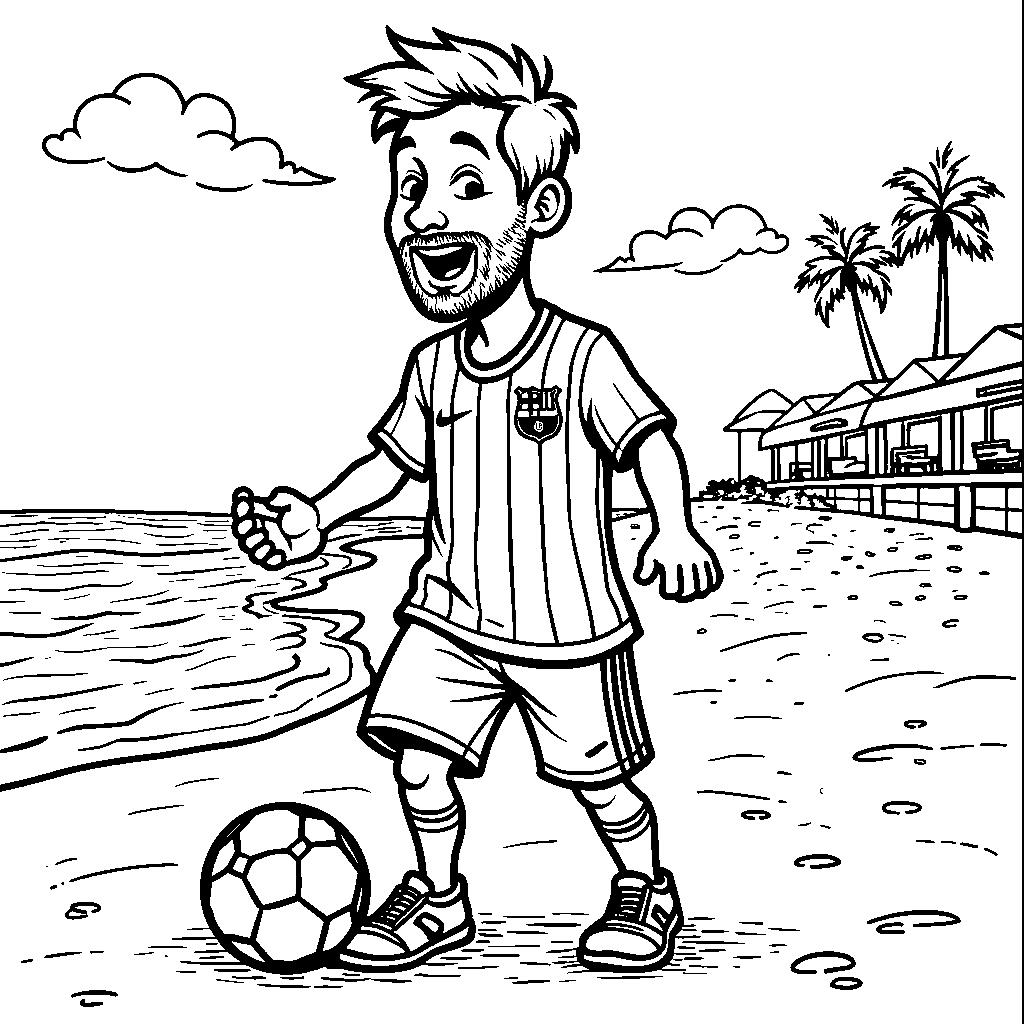 A cartoon Messi enjoying a day at the beach with a beach ball